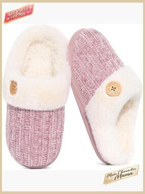 Warm Knit House Slippers Comfy Wool-Like Lined Chenille Memory Foam Indoor